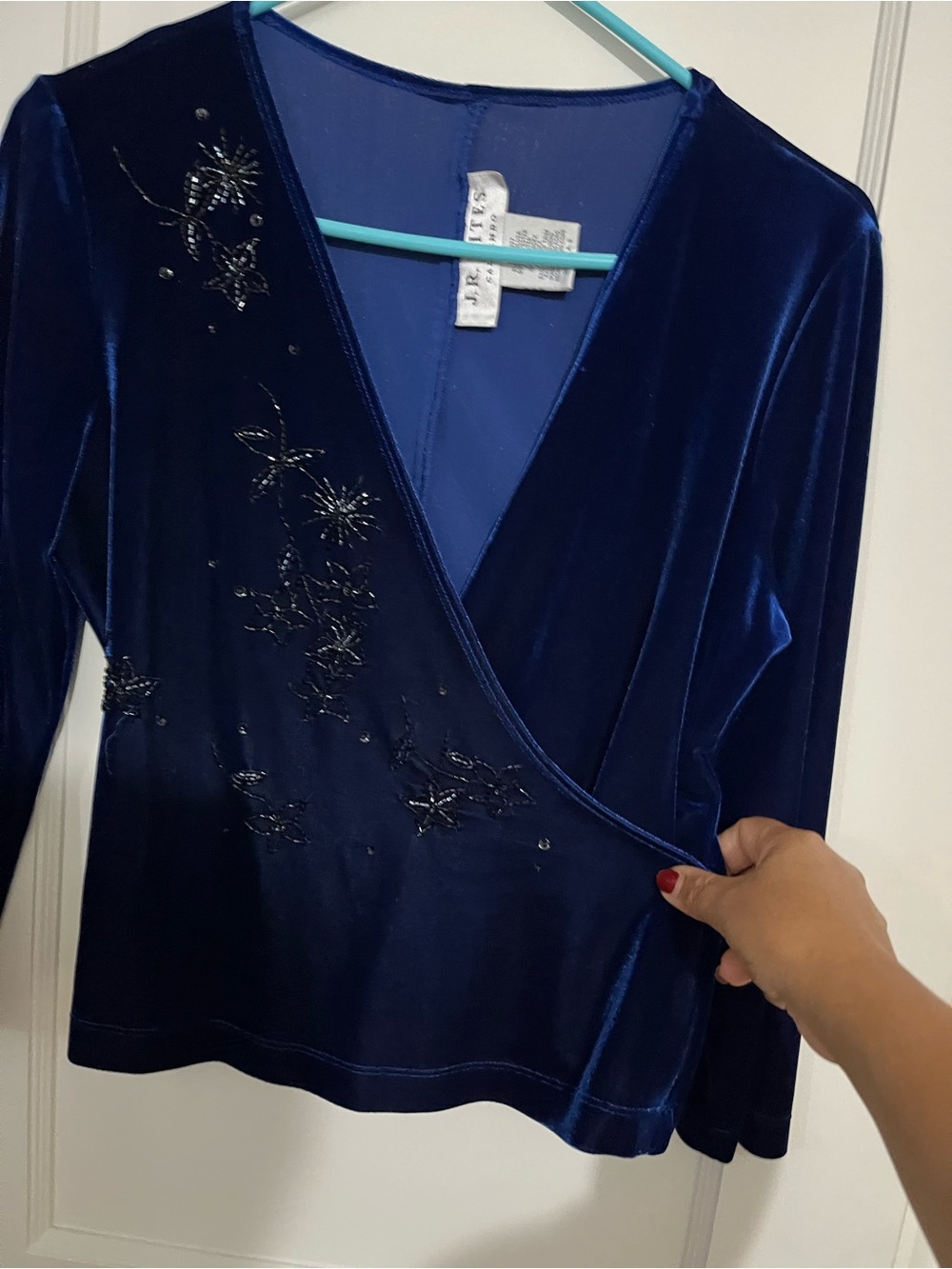 St. John Collection Deep Blue Velvet Wrap Top with Beaded Floral Detail
